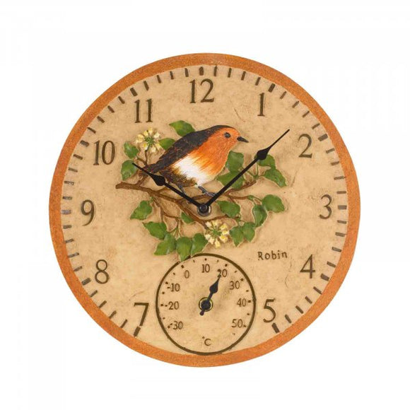 Outside In Designs Robin Wall Clock & Thermometer 12in