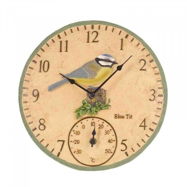 Outside In Designs Blue Tit Wall Clock & Thermometer 12in