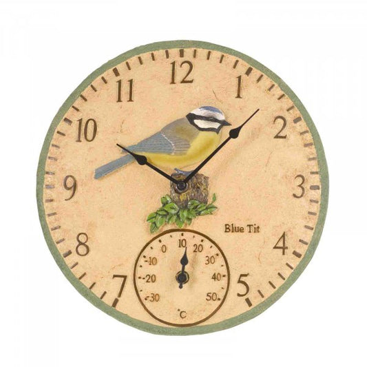 Outside In Designs Blue Tit Wall Clock & Thermometer 12in