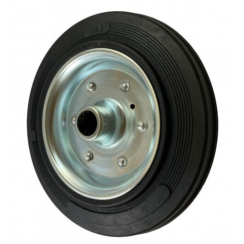 250mm Black Rubber Tyre / Pressed Steel Centre Wheel, 25mm Roller Bearing, 300kg