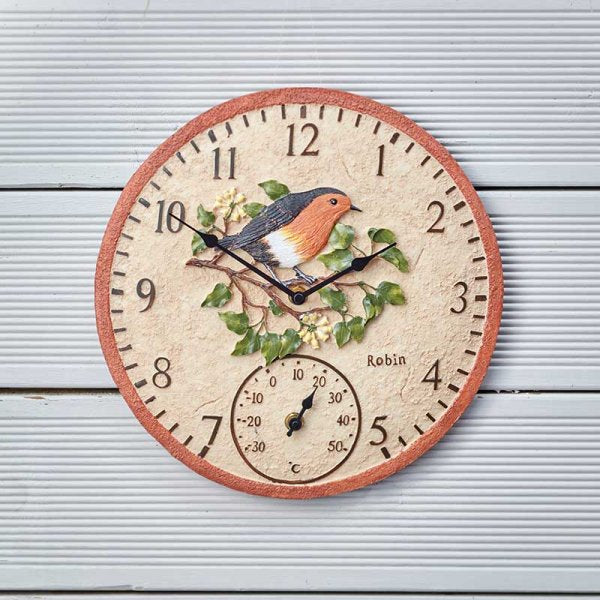 Outside In Designs Robin Wall Clock & Thermometer 12in