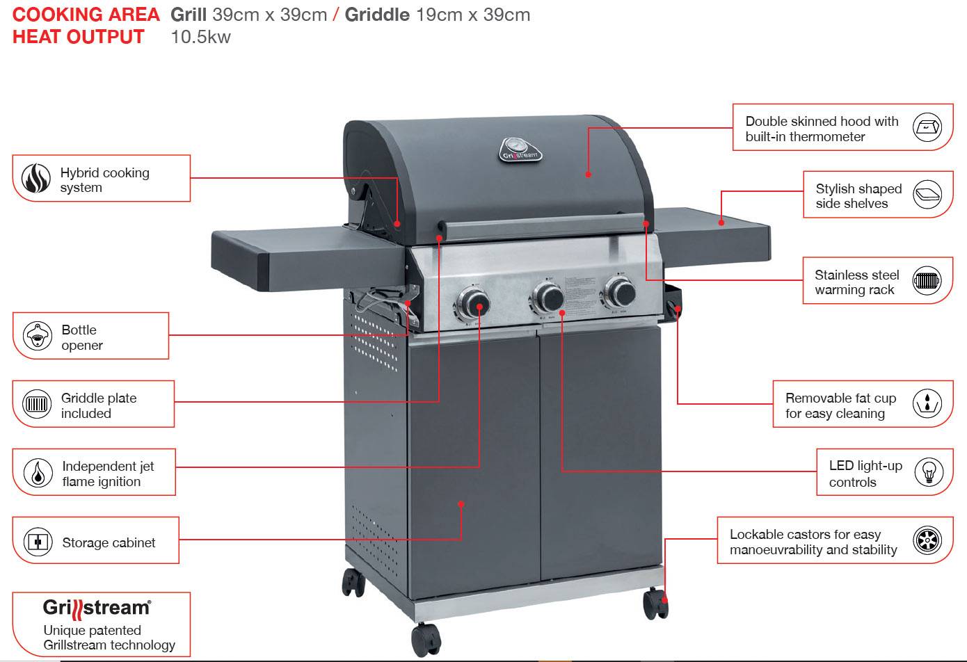 Grillstream 3 Burner Barbecue Hybrid Charcoal & Gas BBQ Grey (GCH30MG)