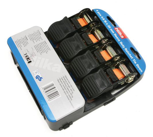 Hilka 4-Piece 25mm x 4.5m Ratchet Tie Downs