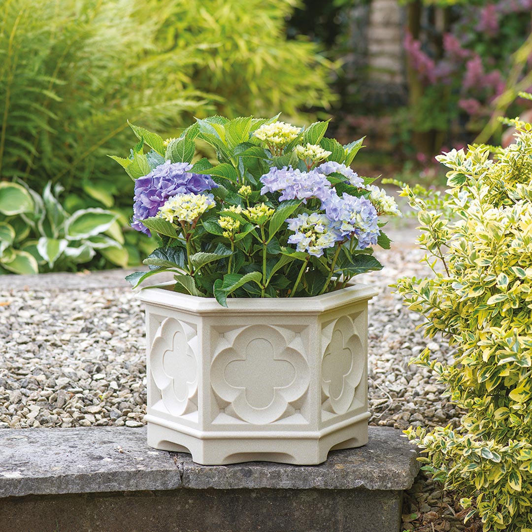hexagonal plastic planter Stewart Gothic Plastic Hexagonal Planter White Stone 39cm
