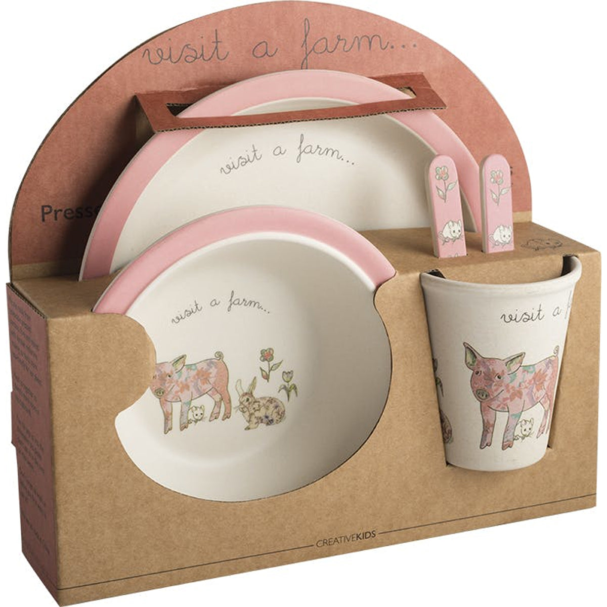 Creative Tops Visit A Farm Pig 5 Piece Kids Pressed Bamboo Dinner Set