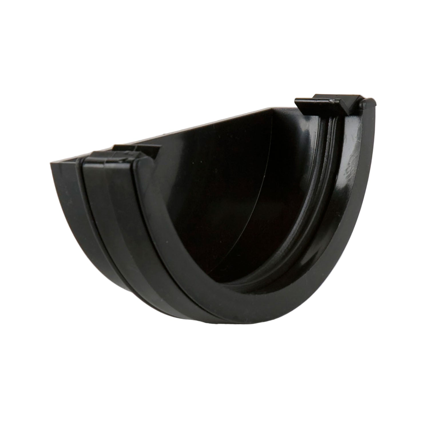 Black Brett Martin Roundstyle External Stopend for guttering, displayed on a white background