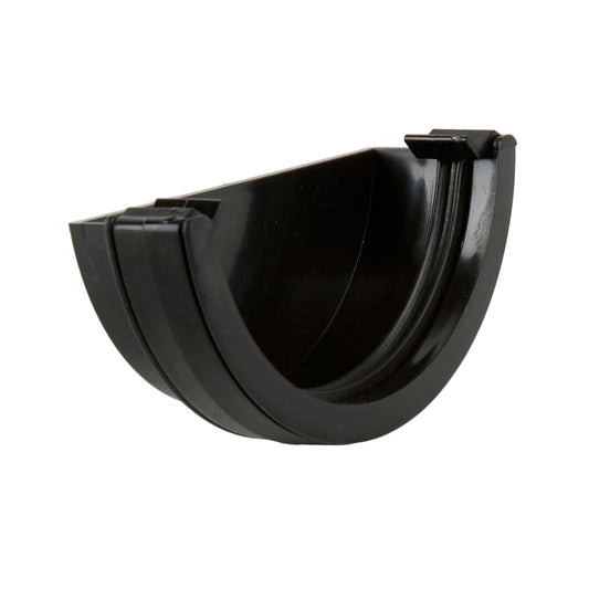 Black Brett Martin Roundstyle External Stopend for guttering, displayed on a white background