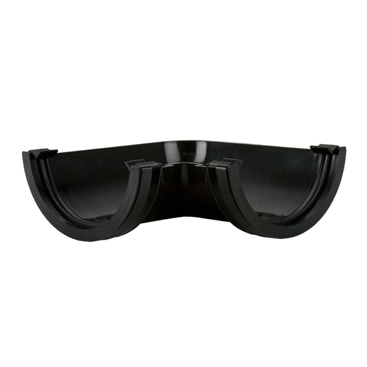 A black Brett Martin Roundstyle 90 degree gutter joint angle with sealing rubber and clips.