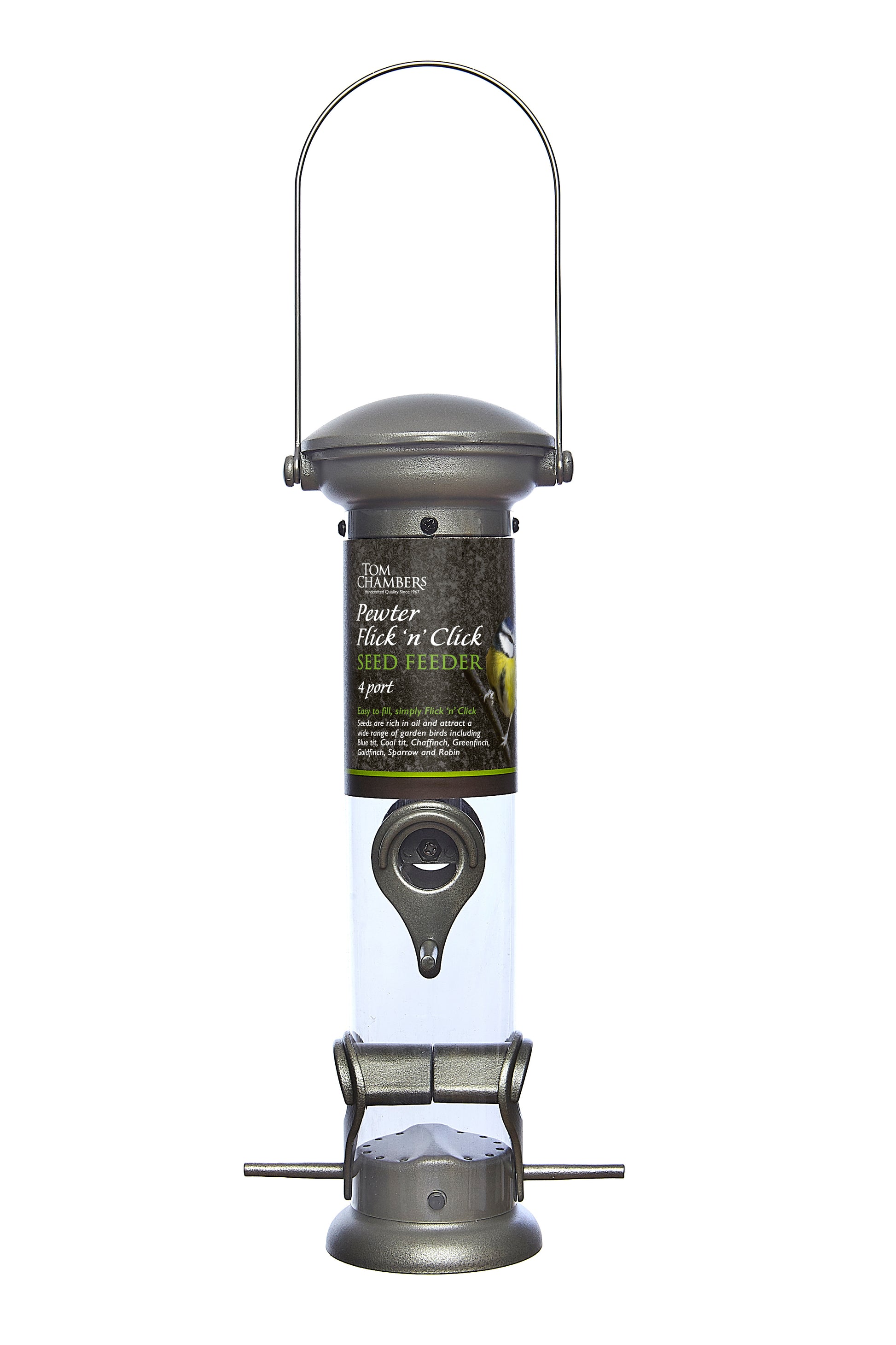 Tom Chambers Pewter Flick ‘n’ Click 4–Port Seed Feeder