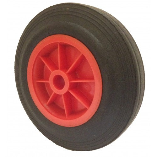 200mm Black Solid Rubber Tyre / Red Polypropylene Centre Wheel 25.4mm Plain Bore 200kg