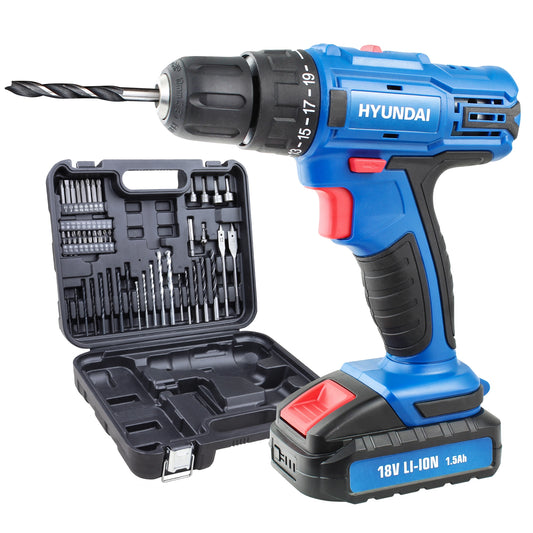 Hyundai 18v 1.5AH Li-Ion Cordless Drill with 54pc Drill Accessory Kit
