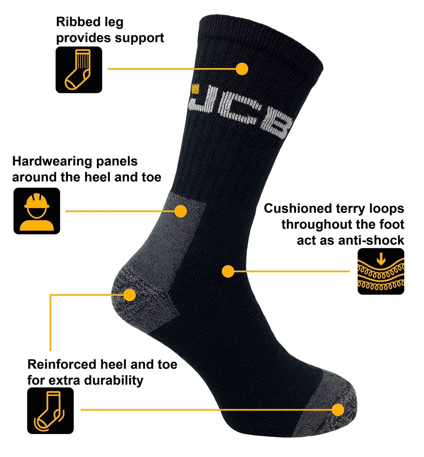 JCB Work Socks Black Pack of 3