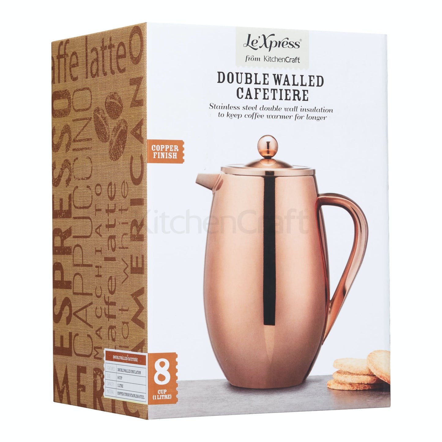 Le'Xpress Copper Finish Double Walled Insulated Cafetiere 1L