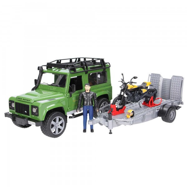Bruder Land Rover Defender with Trailer & Motor Bike