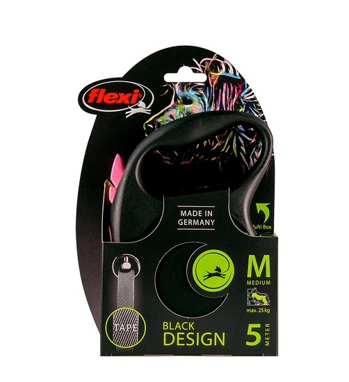 Flexi Lead Black Design Medium Tape 5m Pink