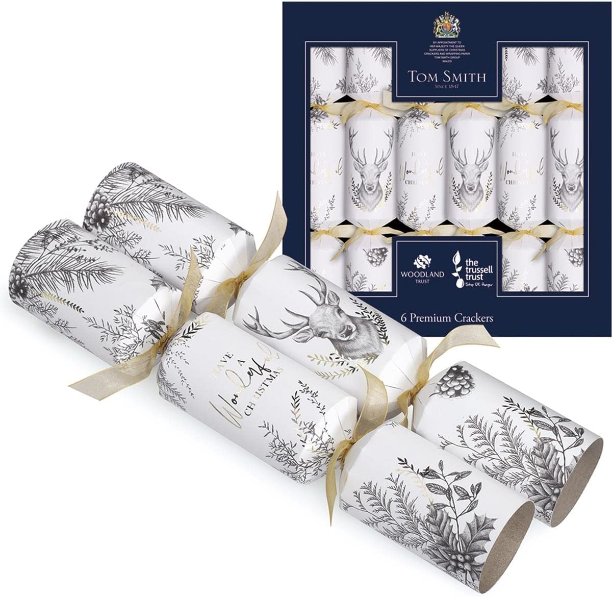 Tom Smith Premium Christmas Crackers White, Grey & Gold Stag 6-Pack