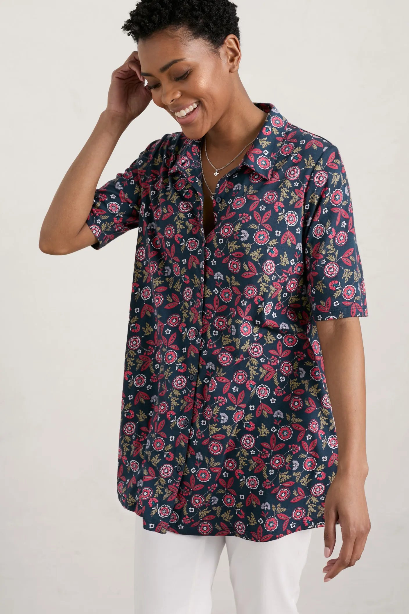 Seasalt Sea Cliff Short Sleeve Jersey Shirt - Block Floral Maritime