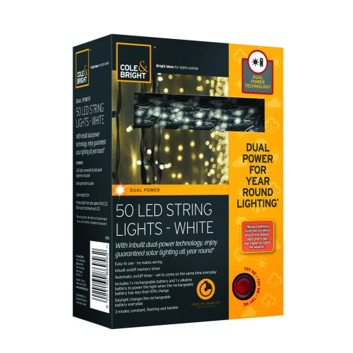 Cole & Bright Dual Power Solar LED String Light 50 Lights