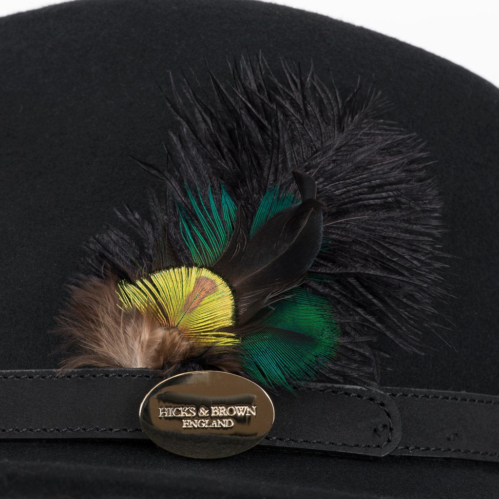 Hicks & Brown Fedora Hat Suffolk Black Ostrich & Peacock