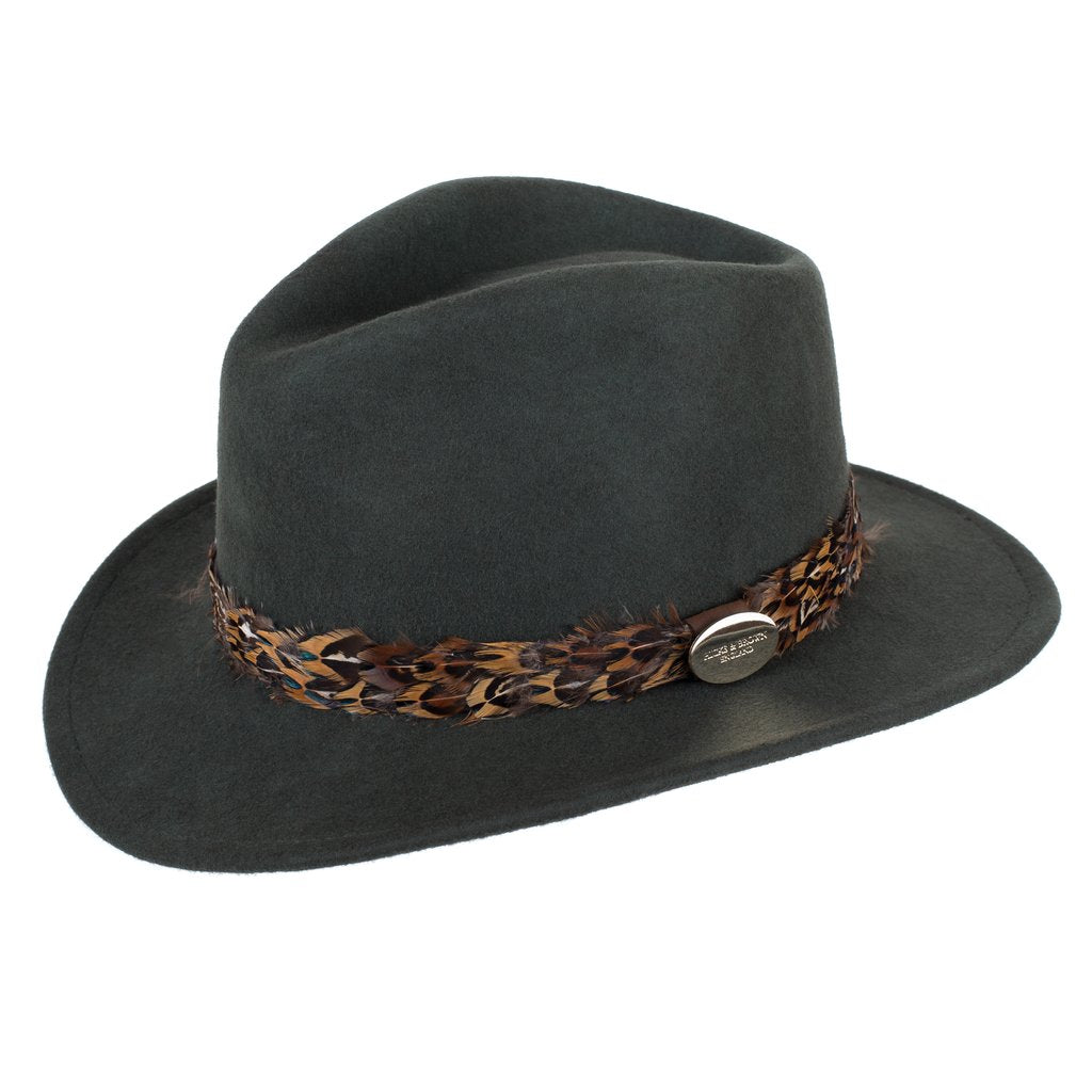 Hicks & Brown Fedora Hat Suffolk Olive Green Pheasant Feather Wrap