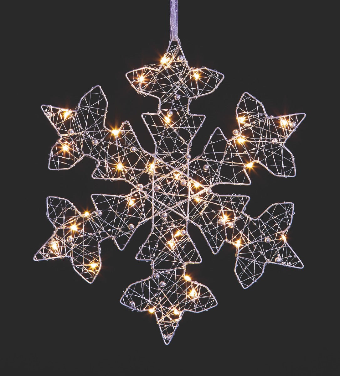 Premier Silver Flat Snowflake with Beads & 30 Warm White LEDs – Sam ...