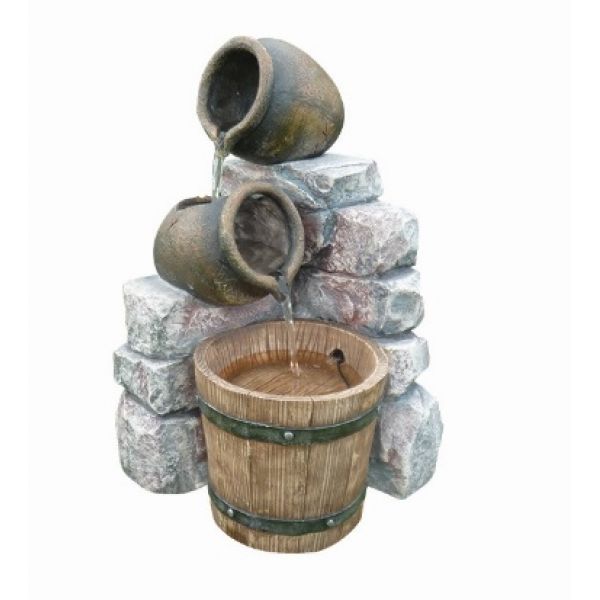 Aqua Creations Medium 2 Pots & Wooden Barrel Water Feature With Lights