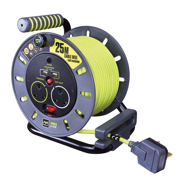 Masterplug Pro-XT 25m Open Reel with USB Charging, 2 Sockets & Switched