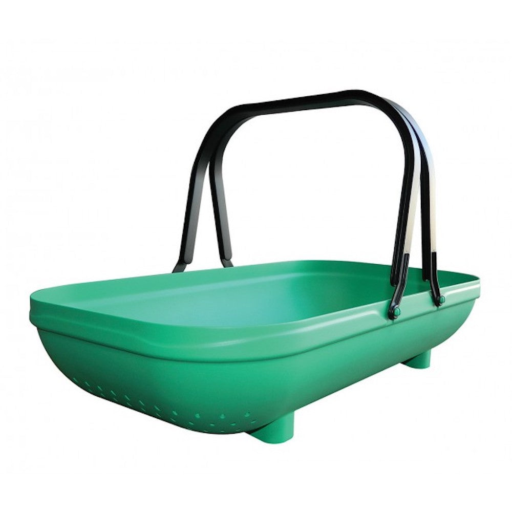 A green plastic colander trug with a black handle.