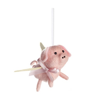Premier Hanging Pink Wool Pig – Gold Wings